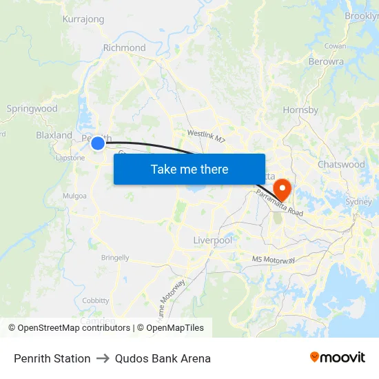 Penrith Station to Qudos Bank Arena map