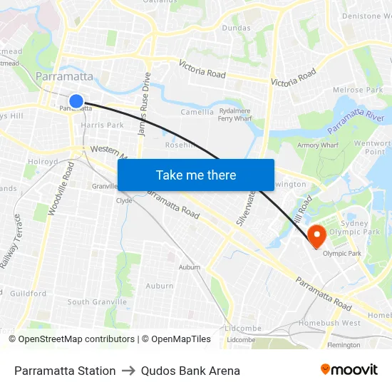 Parramatta Station to Qudos Bank Arena map