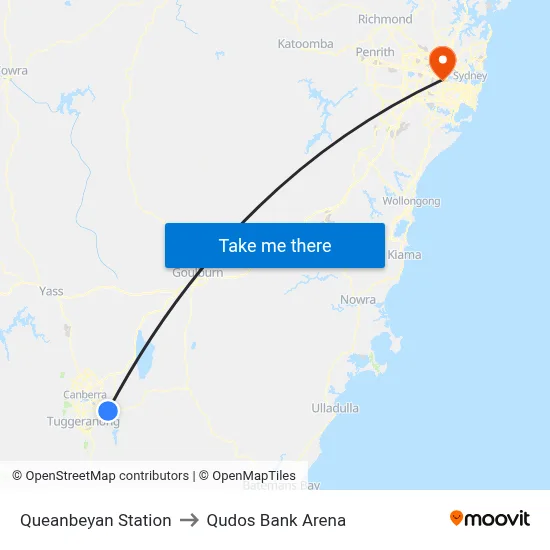 Queanbeyan Station to Qudos Bank Arena map