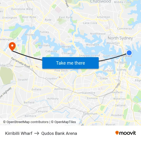 Kirribilli Wharf to Qudos Bank Arena map