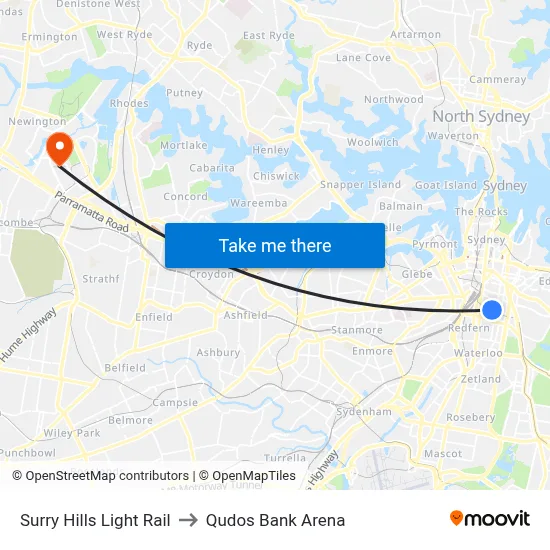 Surry Hills Light Rail to Qudos Bank Arena map