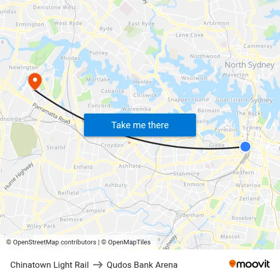 Chinatown Light Rail to Qudos Bank Arena map