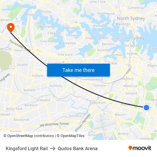 Kingsford Light Rail to Qudos Bank Arena map