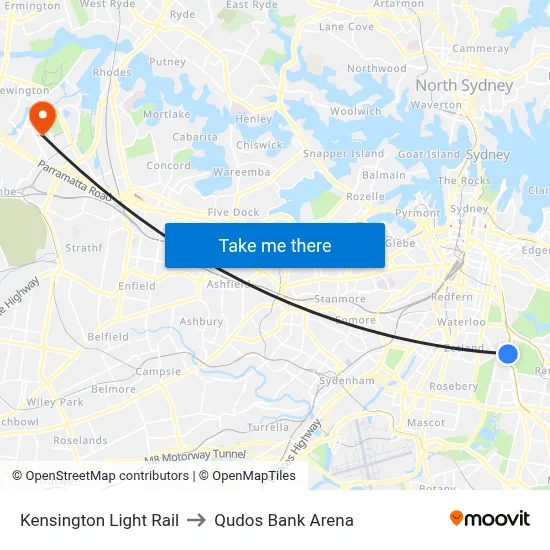 Kensington Light Rail to Qudos Bank Arena map