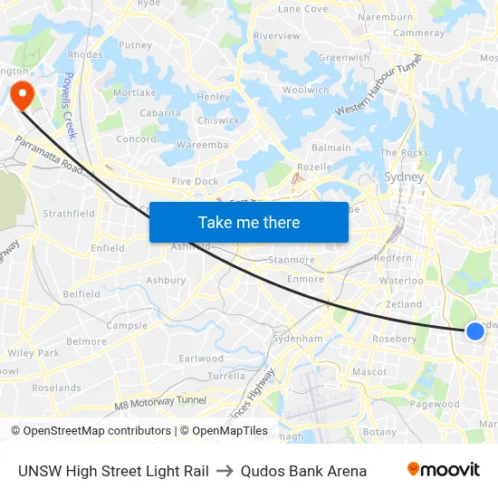 UNSW High Street Light Rail to Qudos Bank Arena map