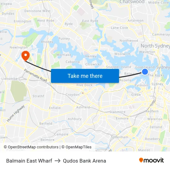 Balmain East Wharf to Qudos Bank Arena map