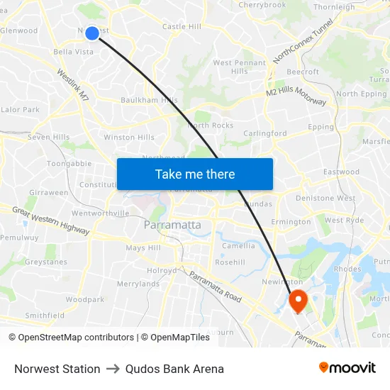 Norwest Station to Qudos Bank Arena map