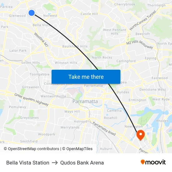Bella Vista Station to Qudos Bank Arena map