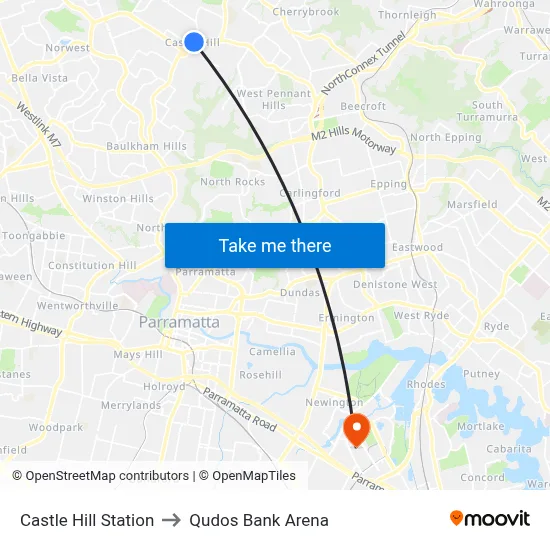 Castle Hill Station to Qudos Bank Arena map