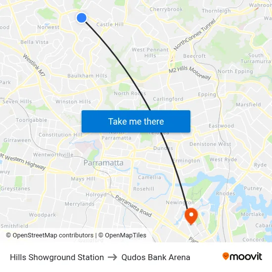Hills Showground Station to Qudos Bank Arena map