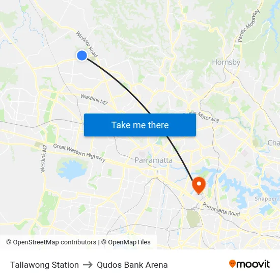 Tallawong Station to Qudos Bank Arena map