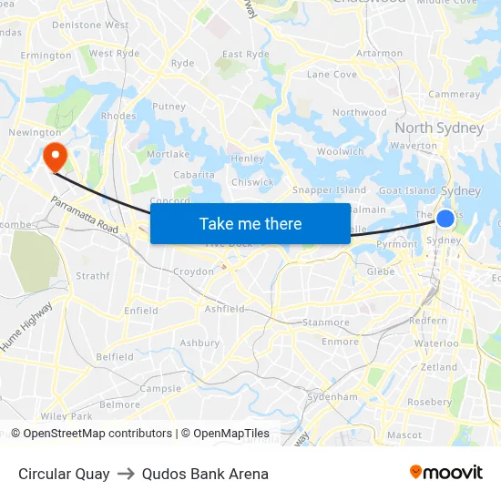 Circular Quay to Qudos Bank Arena map