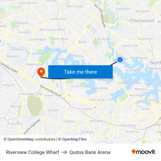 Riverview College Wharf to Qudos Bank Arena map