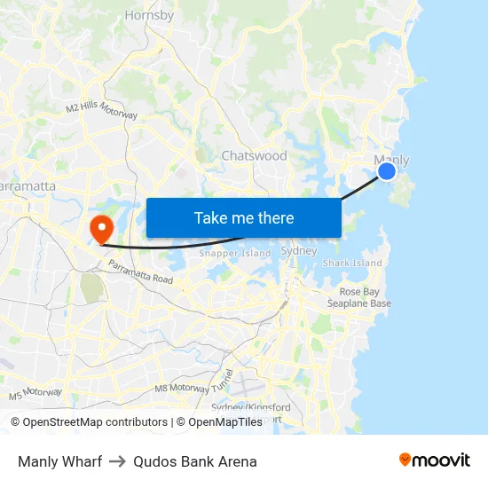 Manly Wharf to Qudos Bank Arena map