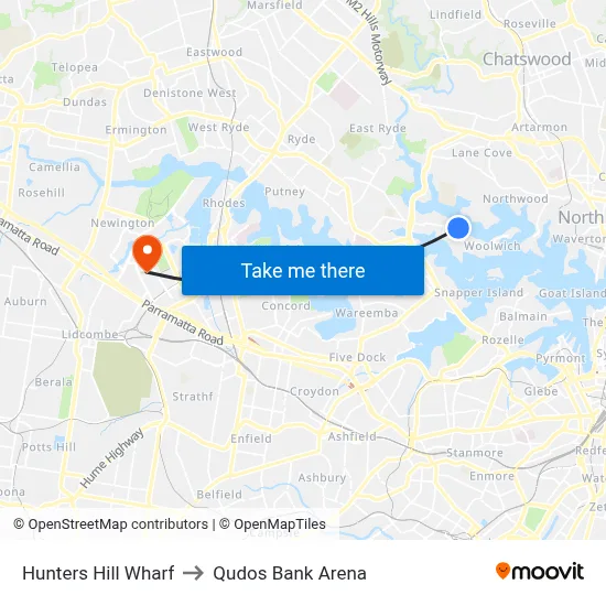 Hunters Hill Wharf to Qudos Bank Arena map