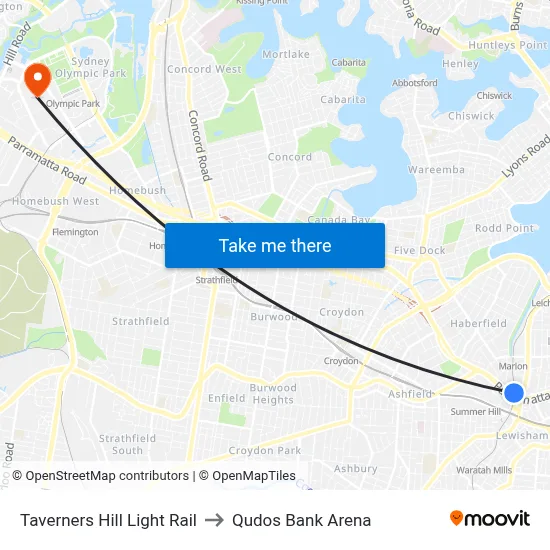 Taverners Hill Light Rail to Qudos Bank Arena map