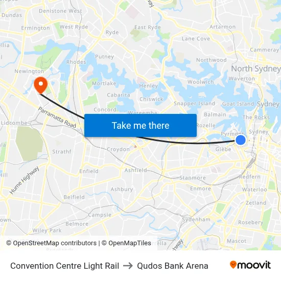 Convention Centre Light Rail to Qudos Bank Arena map
