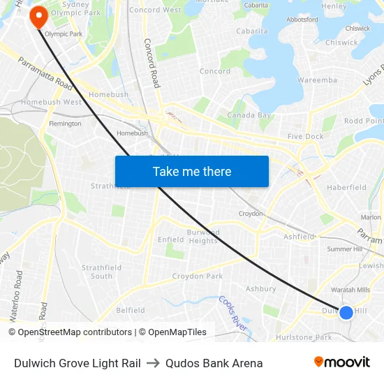 Dulwich Grove Light Rail to Qudos Bank Arena map