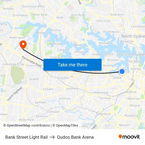 Bank Street Light Rail to Qudos Bank Arena map