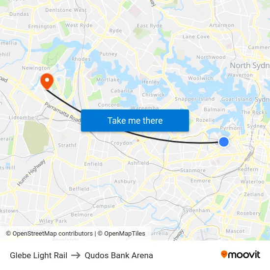 Glebe Light Rail to Qudos Bank Arena map