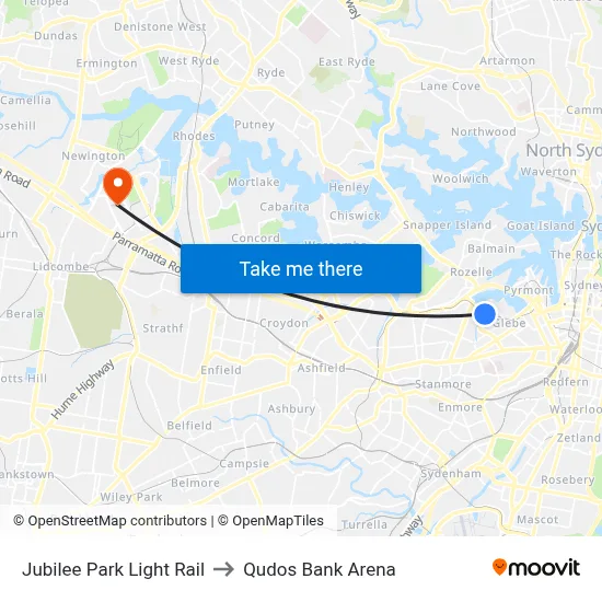 Jubilee Park Light Rail to Qudos Bank Arena map