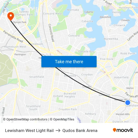 Lewisham West Light Rail to Qudos Bank Arena map