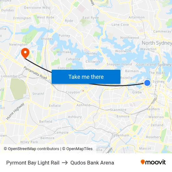 Pyrmont Bay Light Rail to Qudos Bank Arena map