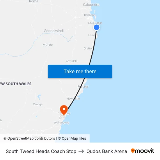 South Tweed Heads Coach Stop to Qudos Bank Arena map