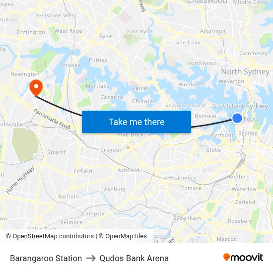 Barangaroo Station to Qudos Bank Arena map