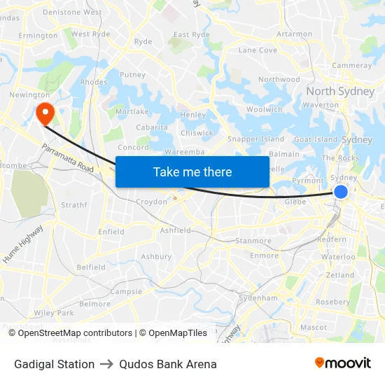 Gadigal Station to Qudos Bank Arena map