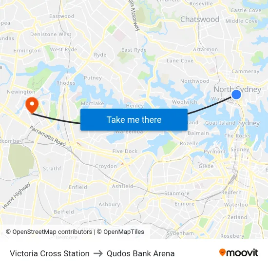 Victoria Cross Station to Qudos Bank Arena map