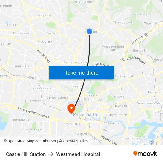 Castle Hill Station to Westmead Hospital map