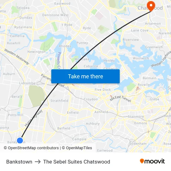 Bankstown to The Sebel Suites Chatswood map