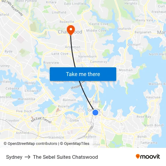 Sydney to The Sebel Suites Chatswood map