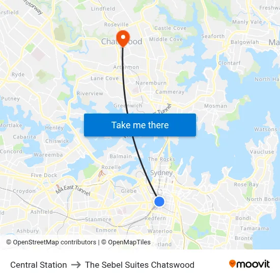 Central Station to The Sebel Suites Chatswood map