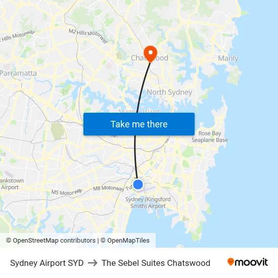 Sydney Airport SYD to The Sebel Suites Chatswood map