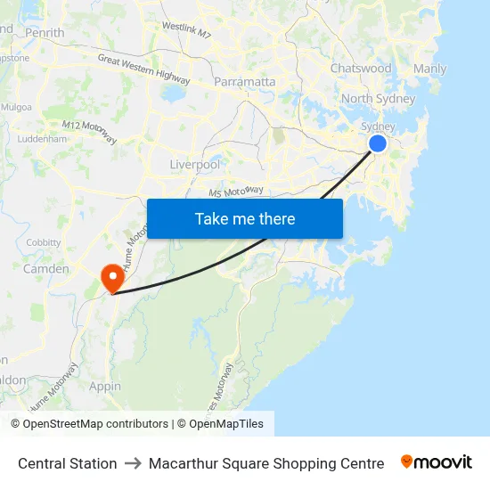 Central Station to Macarthur Square Shopping Centre map