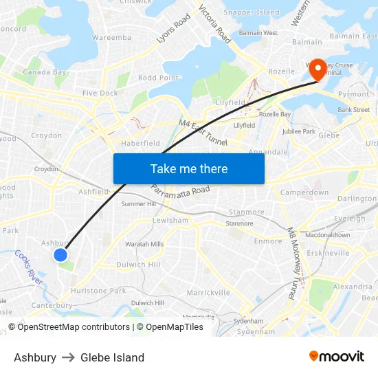 Ashbury to Glebe Island map