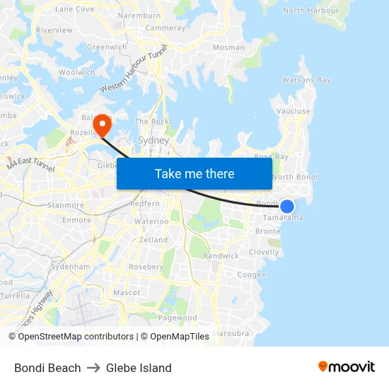 Bondi Beach to Glebe Island map