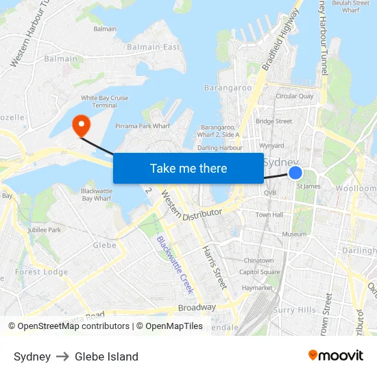 Sydney to Glebe Island map