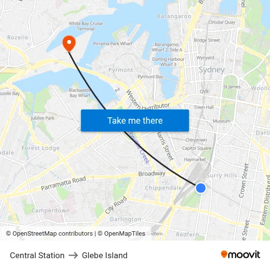 Central Station to Glebe Island map
