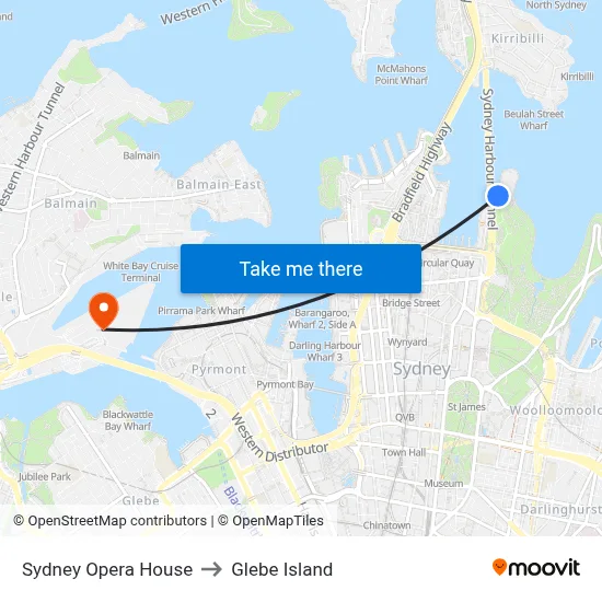 Sydney Opera House to Glebe Island map