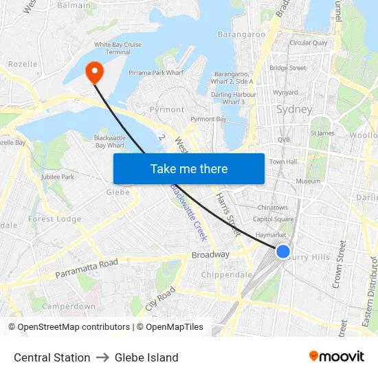 Central Station to Glebe Island map
