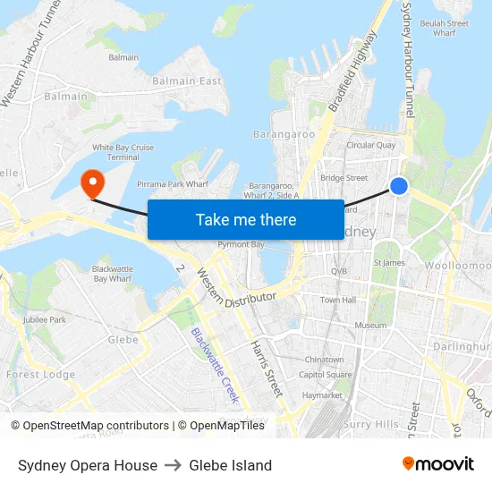 Sydney Opera House to Glebe Island map