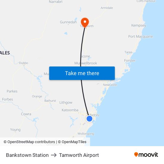 Bankstown Station to Tamworth Airport map
