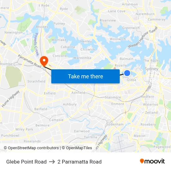 Glebe Point Road to 2 Parramatta Road map