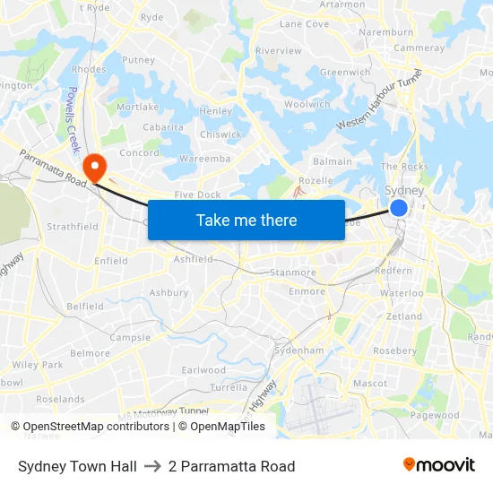 Sydney Town Hall to 2 Parramatta Road map