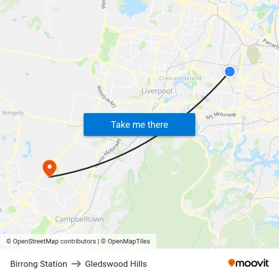 Birrong Station to Gledswood Hills map