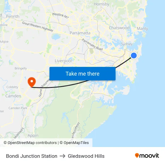 Bondi Junction Station to Gledswood Hills map