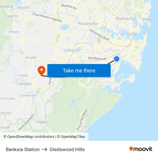 Banksia Station to Gledswood Hills map
